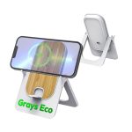 A wireless charging stand in white with a bamboo charging surface, featuring a logo and an illuminated phone display.
