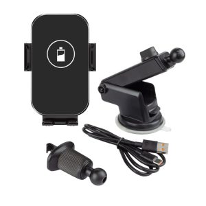 A black 15W fast wireless car charger with a suction mount, USB cable, and a detachable attachment.