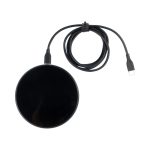A black circular wireless charger with a cable, designed for charging devices.