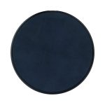 A round, navy blue wireless charger with a sleek, minimal design and a branding logo in the centre.
