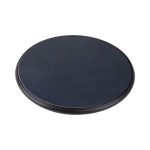 A round, black wireless charger with a textured surface, designed for eco-friendly charging of devices.