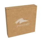 A brown cardboard box featuring a logo on the front, suitable for packaging a product.