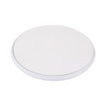 A round, white eco wireless charger with a smooth surface and a thin profile. It features a logo on the design.
