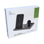 A wireless charging station featuring a sleek black design, with three charging areas and a logo on the packaging.