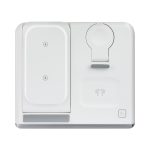 A white magnetic wireless charger and USB adaptor with an integrated logo, featuring two charging sections.