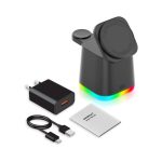 A black magnetic wireless charger, a USB cable, an 18W adaptor, and a user manual, featuring a colour-changing base.