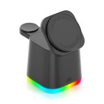 A black 4-in-1 wireless charger with a circular top and multicoloured LED light at the base.