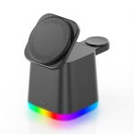 A black magnetic wireless charger with a circular charging pad and an LED light strip in rainbow colours at the base.