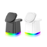 A wireless charger set featuring a black and a white unit, both with a rainbow-lit base. Each unit has a circular charging pad.