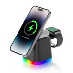 A 15W magnetic wireless charger in black with a multicoloured base, charging a phone and smartwatch.