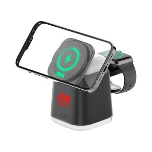 A black and white magnetic wireless charger with a phone and a smartwatch placed on it, featuring LED indicators.
