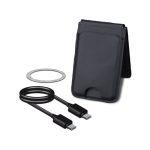 A black magnetic card wallet with a wireless charging stand and a USB-C cable. The set includes a magnetic ring.