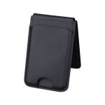 A black magnetic card wallet and wireless charging stand with a sleek design. Features a logo on the surface.