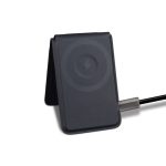 A black magnetic card wallet and wireless charging stand with a cable attached. It features a logo on the surface.