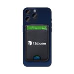 A navy phone with a black magnetic card wallet attached, featuring a logo and holding a green card inside.