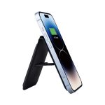 A magnetic card wallet and wireless charging stand for phones, featuring a sleek black design and a blue accent.