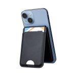 A black magnetic card wallet attached to a blue smartphone, designed for wireless charging. It includes a slot for cards.