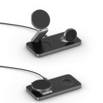 A black 15W 3-in-1 magnetic wireless charging station with a sleek design for various devices. It features a stand and multiple charging pads.