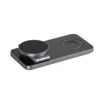A magnetic wireless charging station in black and grey, featuring two charging pads and a compact design.