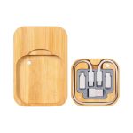 A bamboo wireless charger cable kit featuring four connectors in grey tray, compact and eco-friendly design.