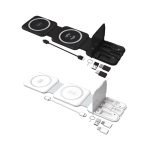 A black and white wireless charging kit with dual pads, USB connections, and a compact design featuring a logo.