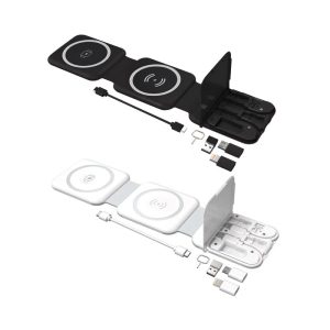A black and white wireless charging kit with dual pads, USB connections, and a compact design featuring a logo.