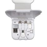 A white charging kit with multiple connectors for USB, Lightning, and micro USB, housed in a compact case.