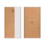 A wireless power bank featuring a white and cork design, measuring 10,000 mAh with a logo on the front.