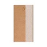 A wireless power bank in cream and cork, featuring an on/off button and a branding logo.
