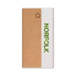 A wireless eco power bank in white with a cork panel, featuring a logo and a power button.