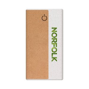 A wireless eco power bank in white with a cork panel, featuring a logo and a power button.