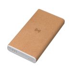 A wireless power bank in a natural cork finish with a white base, featuring a logo on the surface.