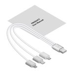A user manual and a white charging cable with multiple connectors for different devices.