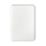 A white power bank with a sleek design, featuring a logo on its surface.