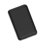 A sleek black power bank with a smooth surface and rounded edges, featuring a discreet logo.