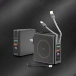 A black magnetic travel charger with multiple cables and a digital display, featuring a logo on the side.