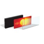 A black power bank with a sleek design, accompanied by two interchangeable panels in red and transparent.