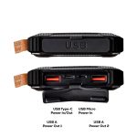 A solar power bank in black with multiple USB ports for charging devices. It features a branded design.