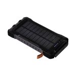 A solar power bank in black with a rugged design, featuring charging indicators and a branding label.