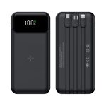 A black wireless power bank featuring a digital display and multiple charging ports.