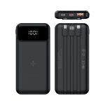 A black wireless power bank with a digital display, featuring multiple charging ports and a sleek design.