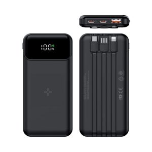 A black wireless power bank with a digital display, featuring multiple charging ports and a sleek design.