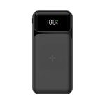 A black 10,000 mAh wireless power bank with a digital display and a logo.