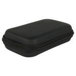 A black, hard-shell case with a zip closure, designed for storing small items or electronics.