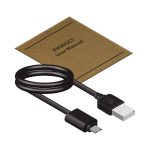 A black USB cable with a user manual on a brown background, designed for a power bank product.