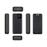 A black power bank featuring multiple angles, a digital display, and a logo. Capacity is 20,000 mAh.