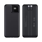 A black power bank with a digital display, featuring two USB ports and a sleek design.