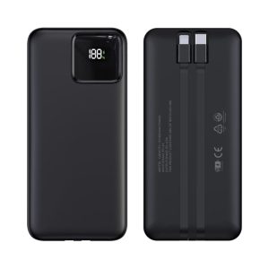 A black power bank with a digital display, featuring two USB ports and a sleek design.