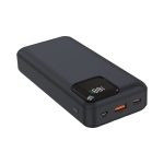 A sleek black power bank with a digital display, offering quick charge options and multiple ports.