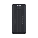 A black power bank with dual charging ports, featuring a sleek design and a manufacturer's logo.